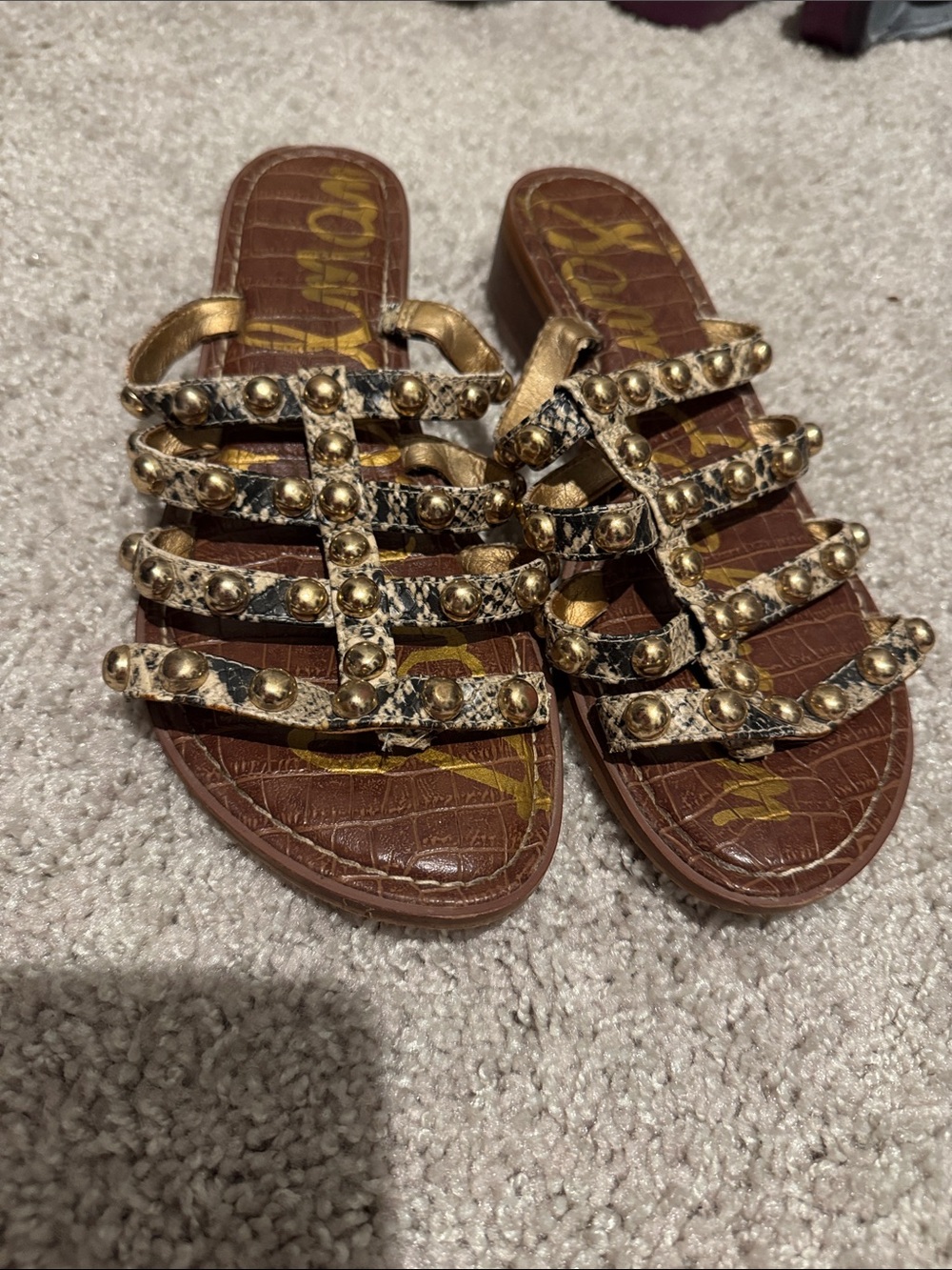 Sam Edelman Gold Snake-Print Studded Multi-Strap Slide Sandals